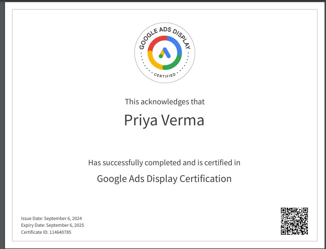 Priya Verma Google Display Ads Certificate